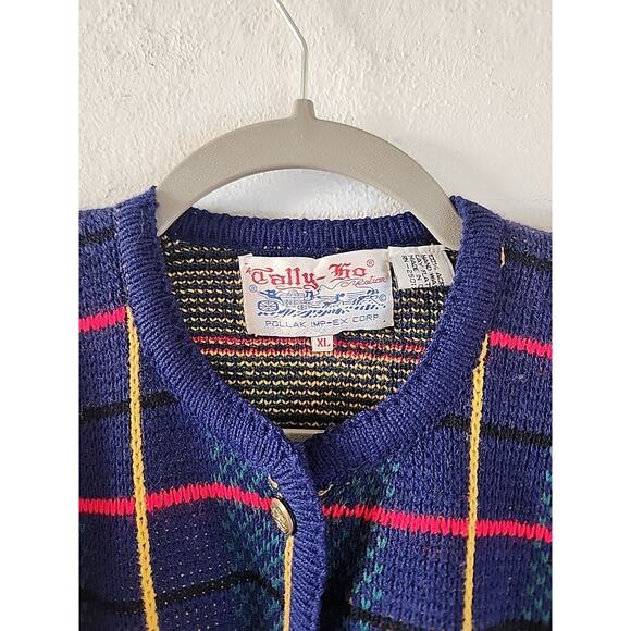 Tally-Ho Womens Cardigan Sweater Vintage 80s 90s Tartan Plaid Size XL Button-Up - Picture 3 of 5